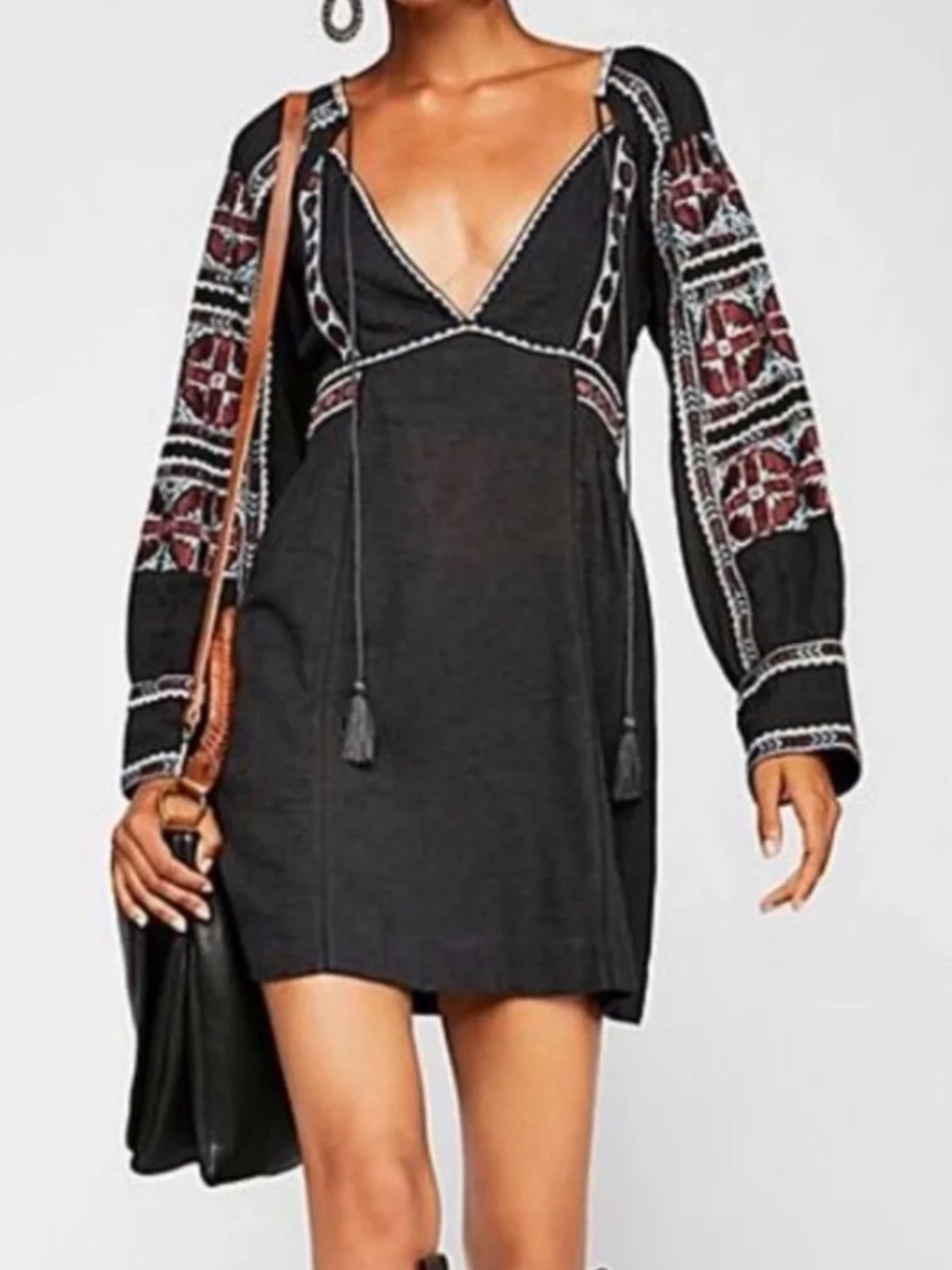 Free People womans All My life Black Embroidered V-Neck Peasant mini Dress S